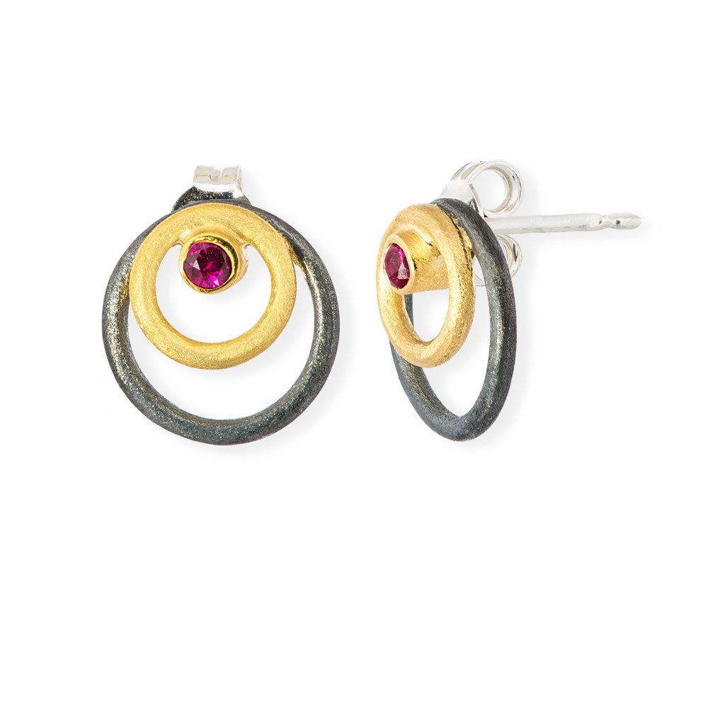 Handmade Gold & Black Plated Silver Stud Earrings Double Circles With Red Zircons - Anthos Crafts