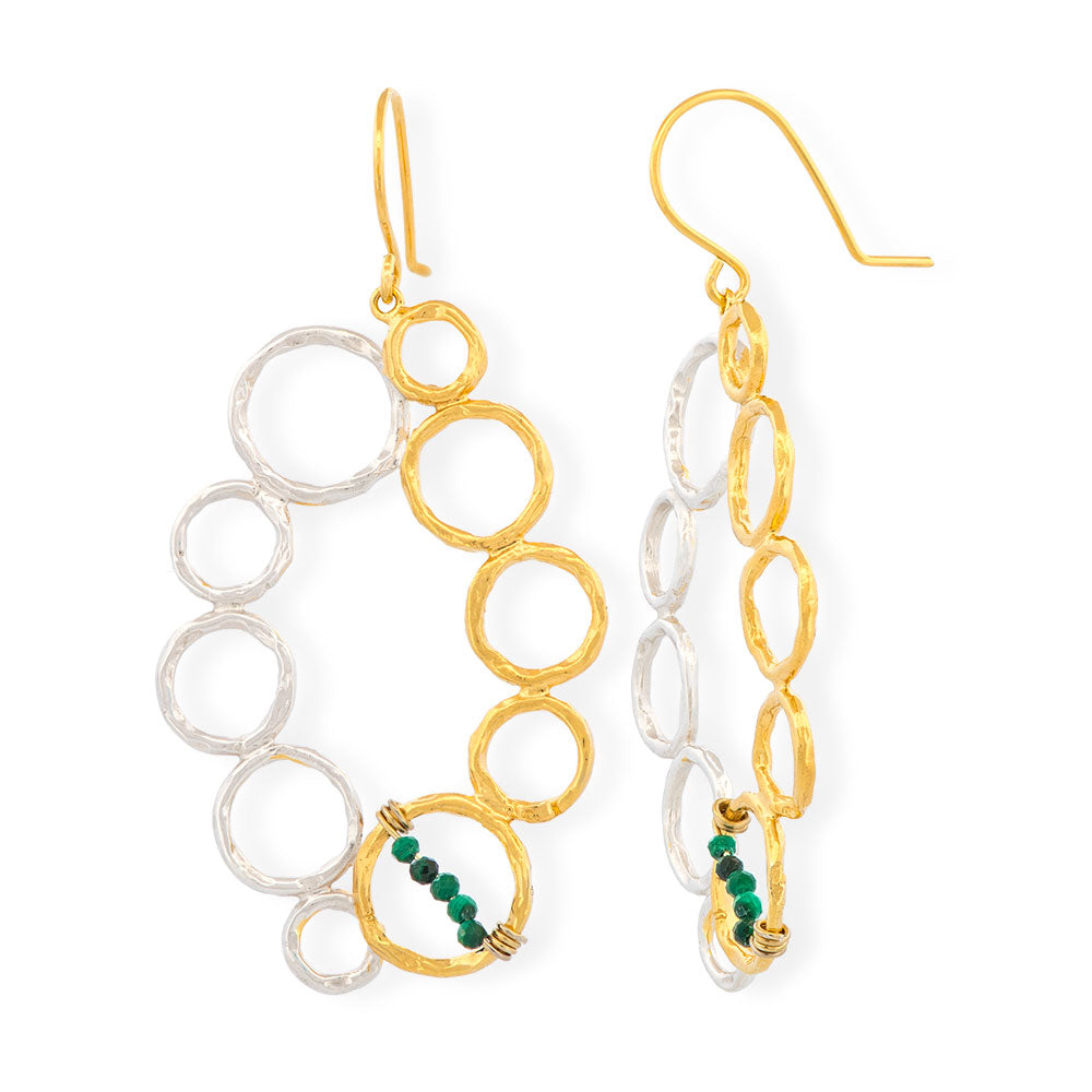 Handmade Gold Plated Silver Earrings Circles With Green Agate - Anthos Crafts