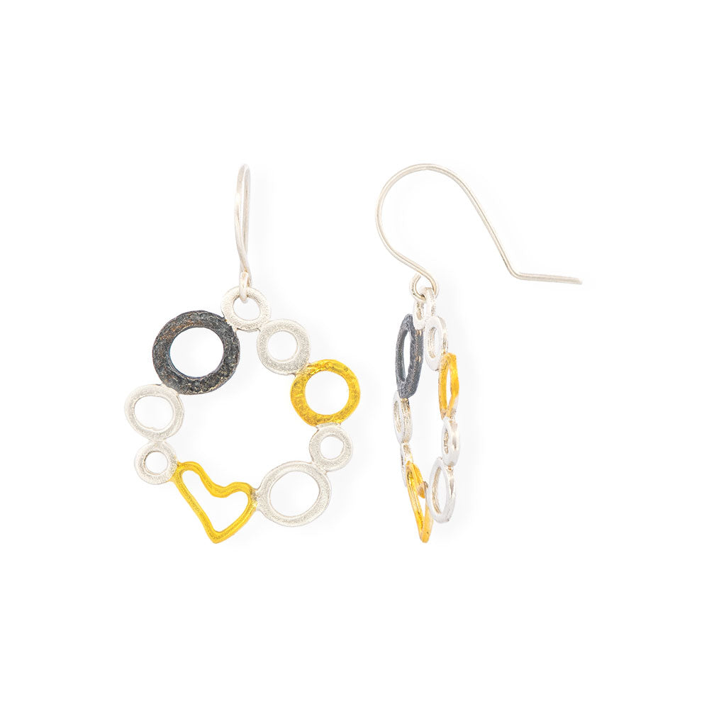 Handmade Gold &amp; Black Plated Silver Earrings Circles With Heart - Anthos Crafts