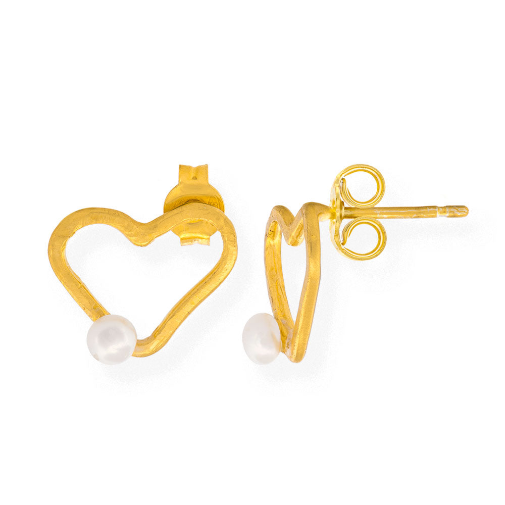 Handmade Gold Plated Silver Stud Earrings Hearts With Pearl - Anthos Crafts