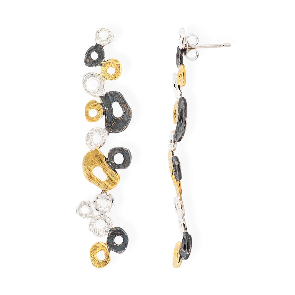 Handmade Gold, Black & Silver Long Earrings With Little Circles - Anthos Crafts