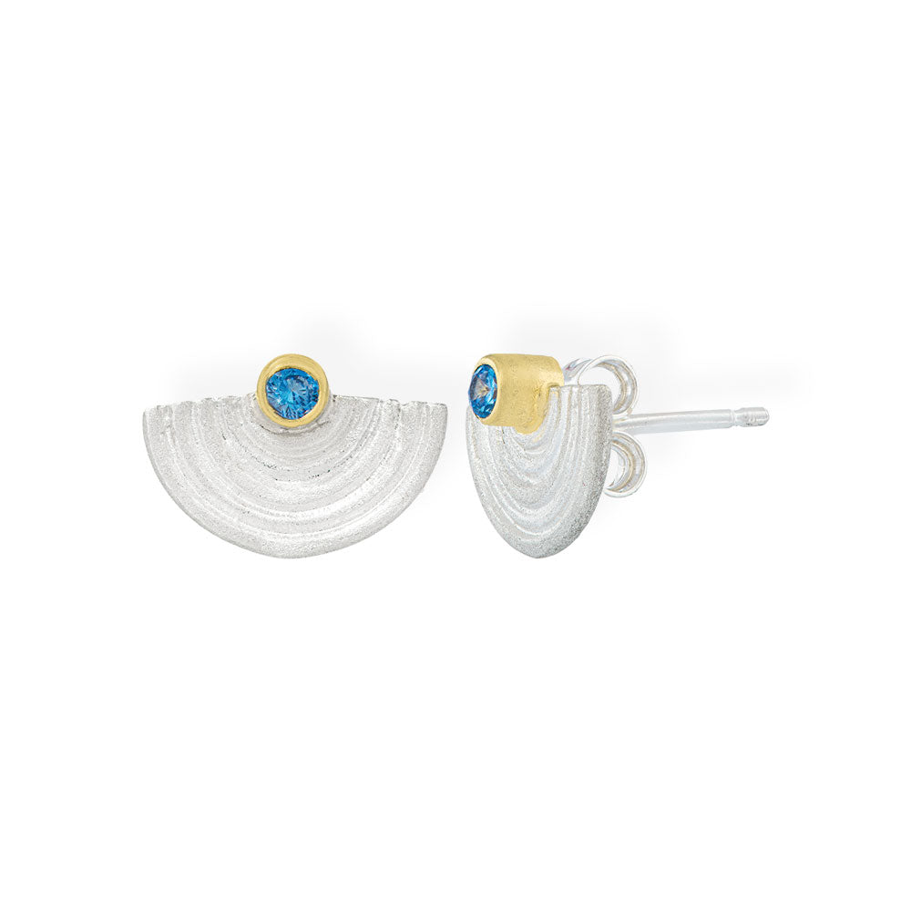 Handmade Gold &amp; Silver Stud Earrings With Blue Zircons