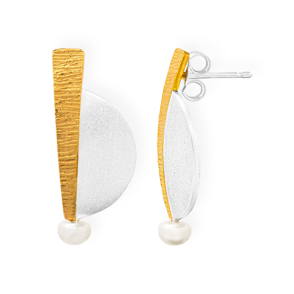 Handmade Gold & Silver Stud Earrings With Pearls