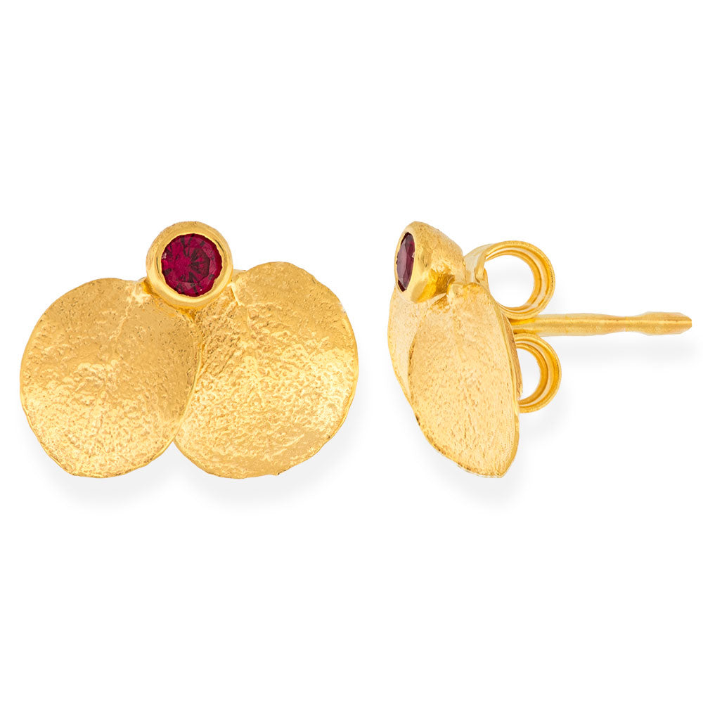 Χειροποίητα Επίχρυσα Ασημένια Σκουλαρίκια Μικρά Φύλλα με Κόκκινα Ζιρκόνια