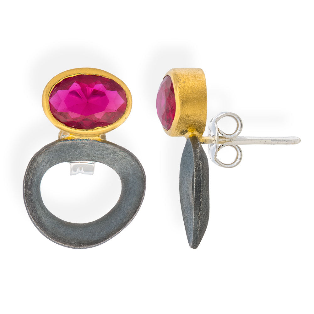 Handmade Gold & Black Plated Silver Stud Earrings Little Ovals With Red Zircon - Anthos Crafts