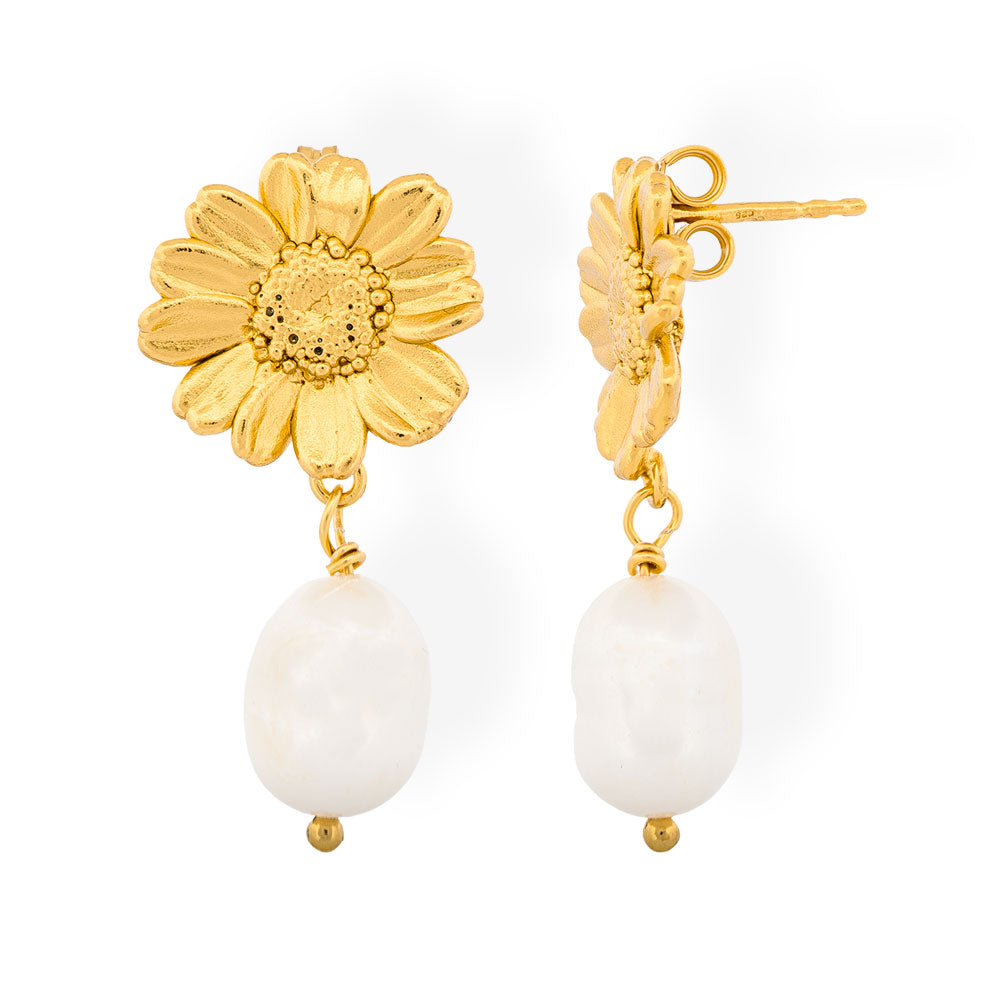 Handmade Gold Plated Silver Daisy Earrings With Pearls Ismini