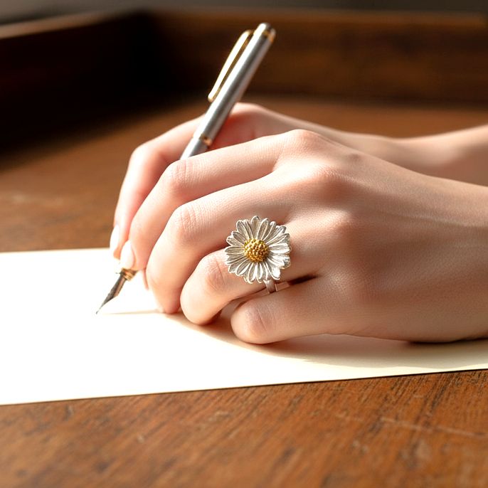 Handmade Gold Silver Field Daisy Hammered Ring - Anthos Crafts