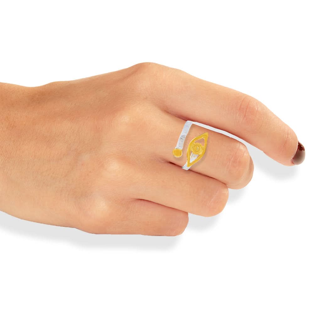 Handmade Gold Plated &amp; Silver Hammered Ring Evil Eye - Anthos Crafts