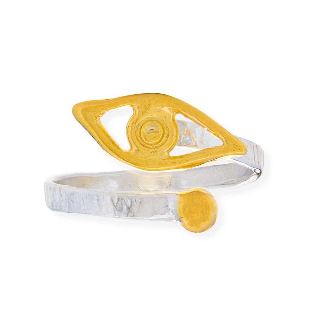 Handmade Gold Plated &amp; Silver Hammered Ring Evil Eye - Anthos Crafts