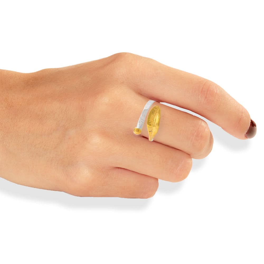 Handmade Gold Plated &amp; Silver Hammered Ring Olive Leaf - Anthos Crafts