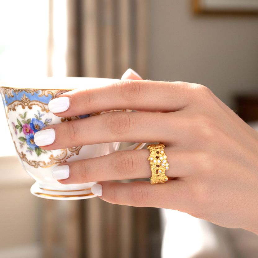 Handmade Gold Plated Silver Ring Lace With Zircons - Anthos Crafts