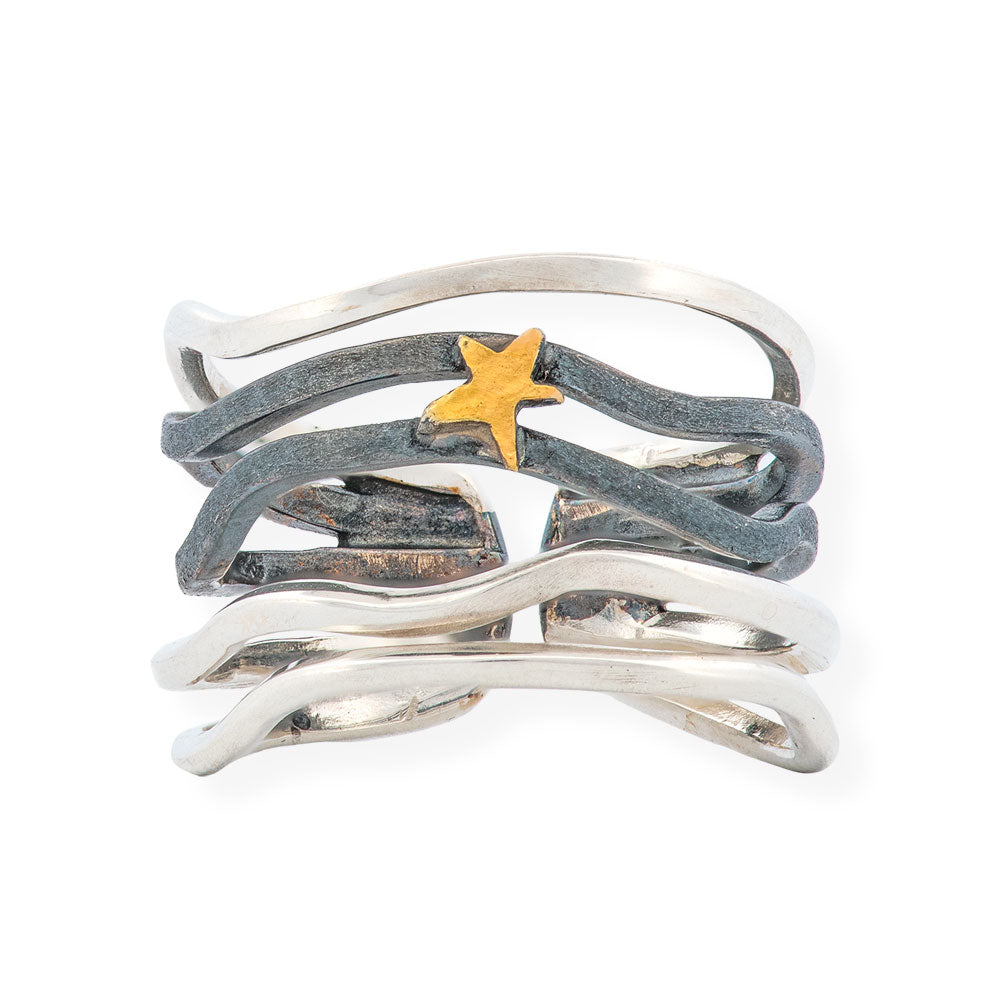 Handmade Silver & Black Silver Ring With 5 Rows and Gold Star - Anthos Crafts