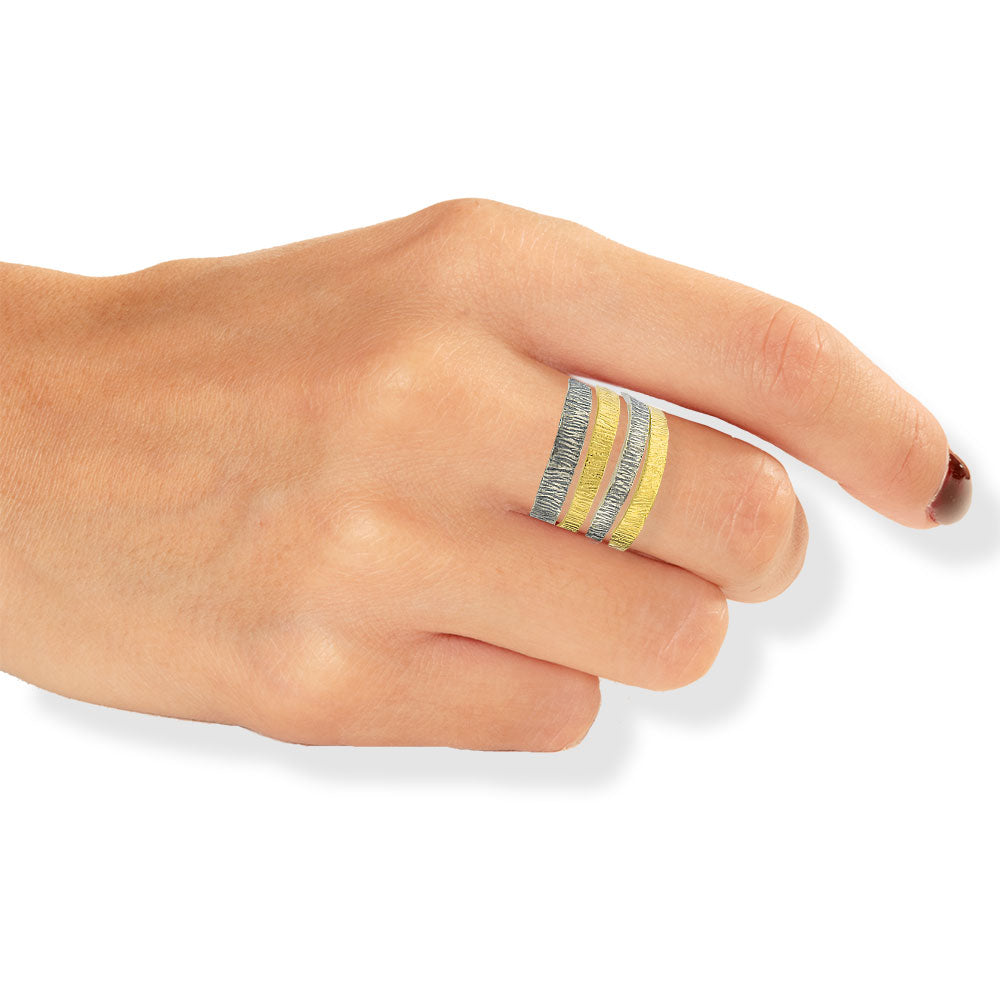 Χειροποίητο Χρυσό &amp; Μαύρο Ασημένιο Δαχτυλίδι Με 4 Σειρές