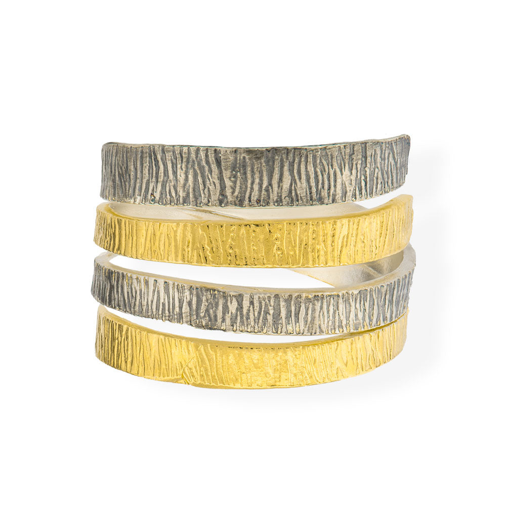 Χειροποίητο Χρυσό &amp; Μαύρο Ασημένιο Δαχτυλίδι Με 4 Σειρές