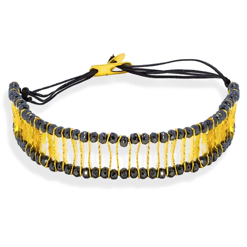 Handmade Black Bracelet With Gold Plated Silver Elements & Hematites - Anthos Crafts