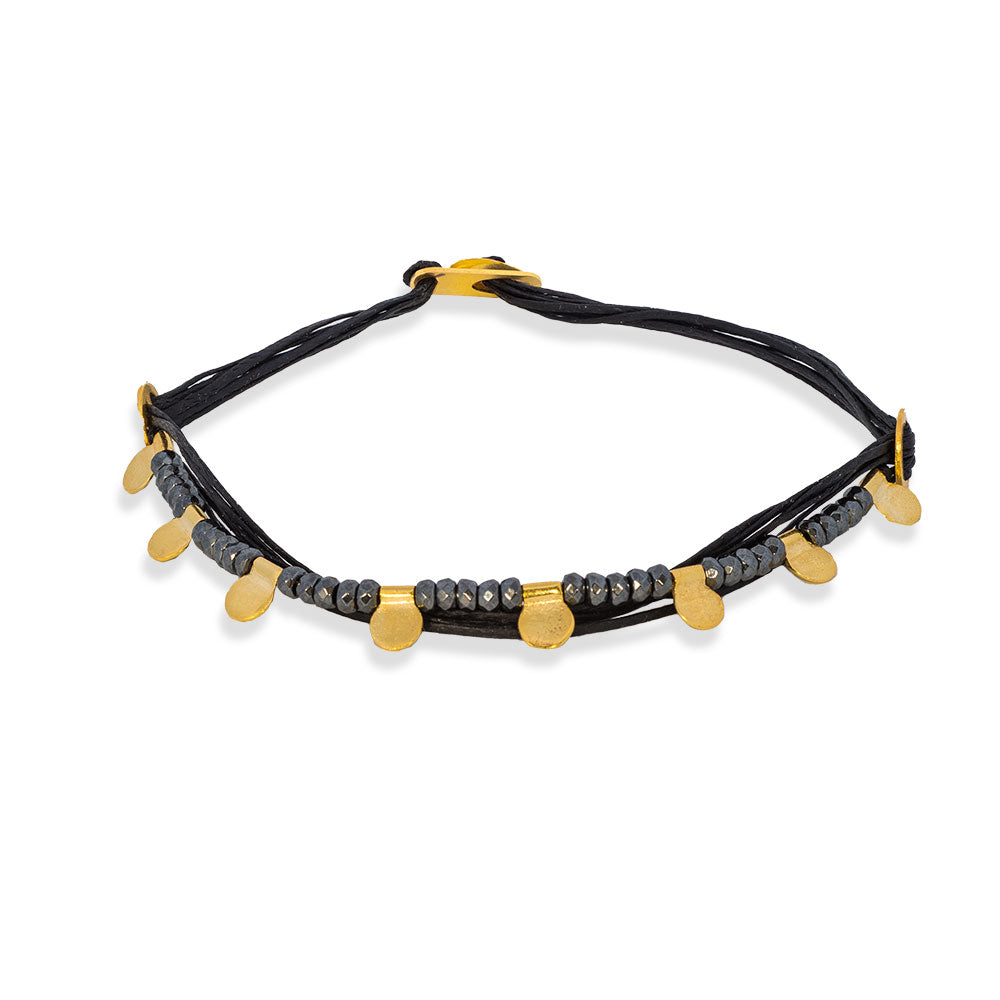 Handmade Black Bracelet With 6 Raws of Black Cord, Gold Plated Silver Elements & Hematites - Anthos Crafts