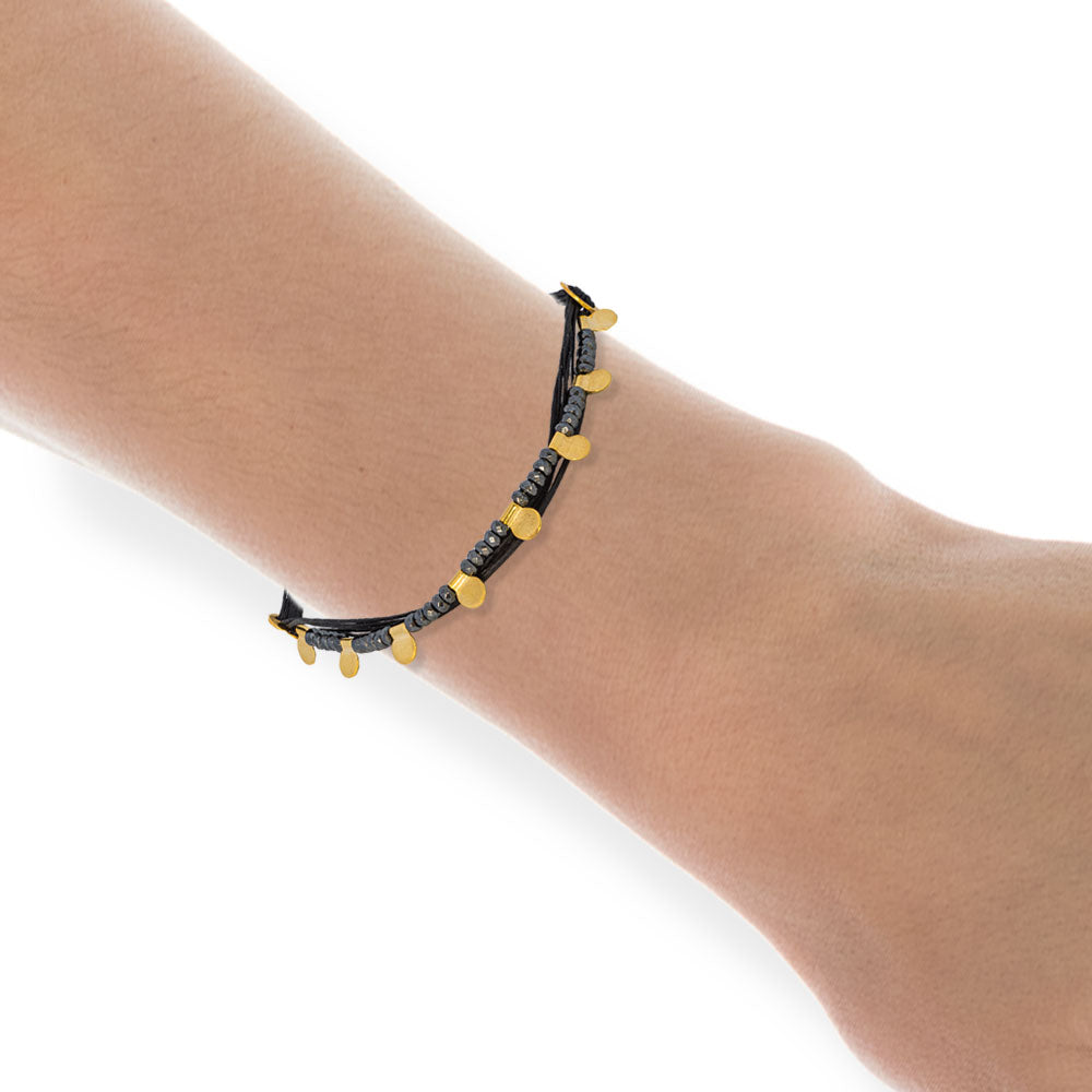 Handmade Black Bracelet With 6 Raws of Black Cord, Gold Plated Silver Elements & Hematites - Anthos Crafts