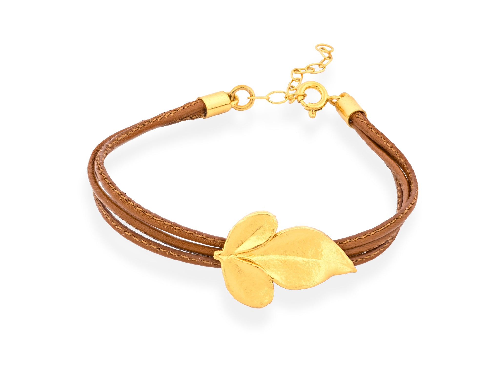 Handmade Leather Bracelet Gold Plated Silver Jasmine Leave - Anthos Crafts