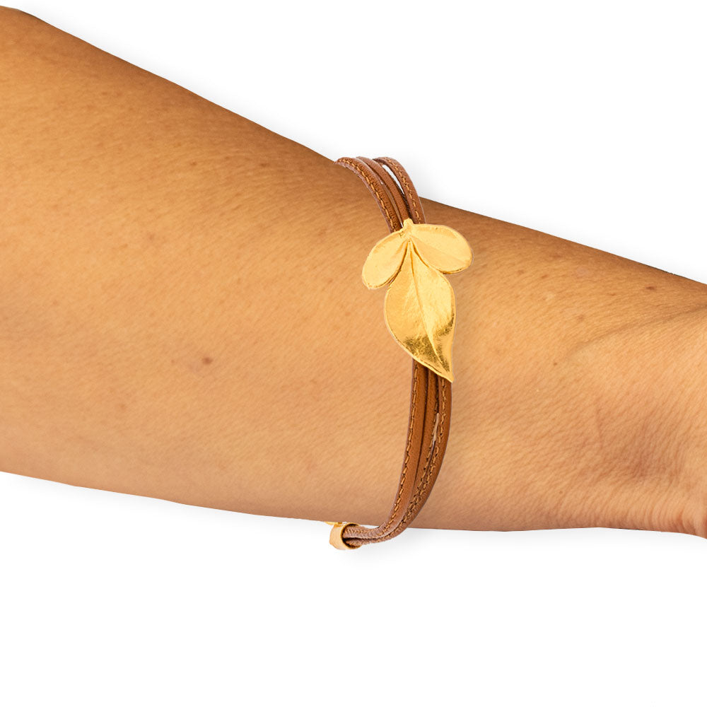 Handmade Leather Bracelet Gold Plated Silver Jasmine Leave - Anthos Crafts