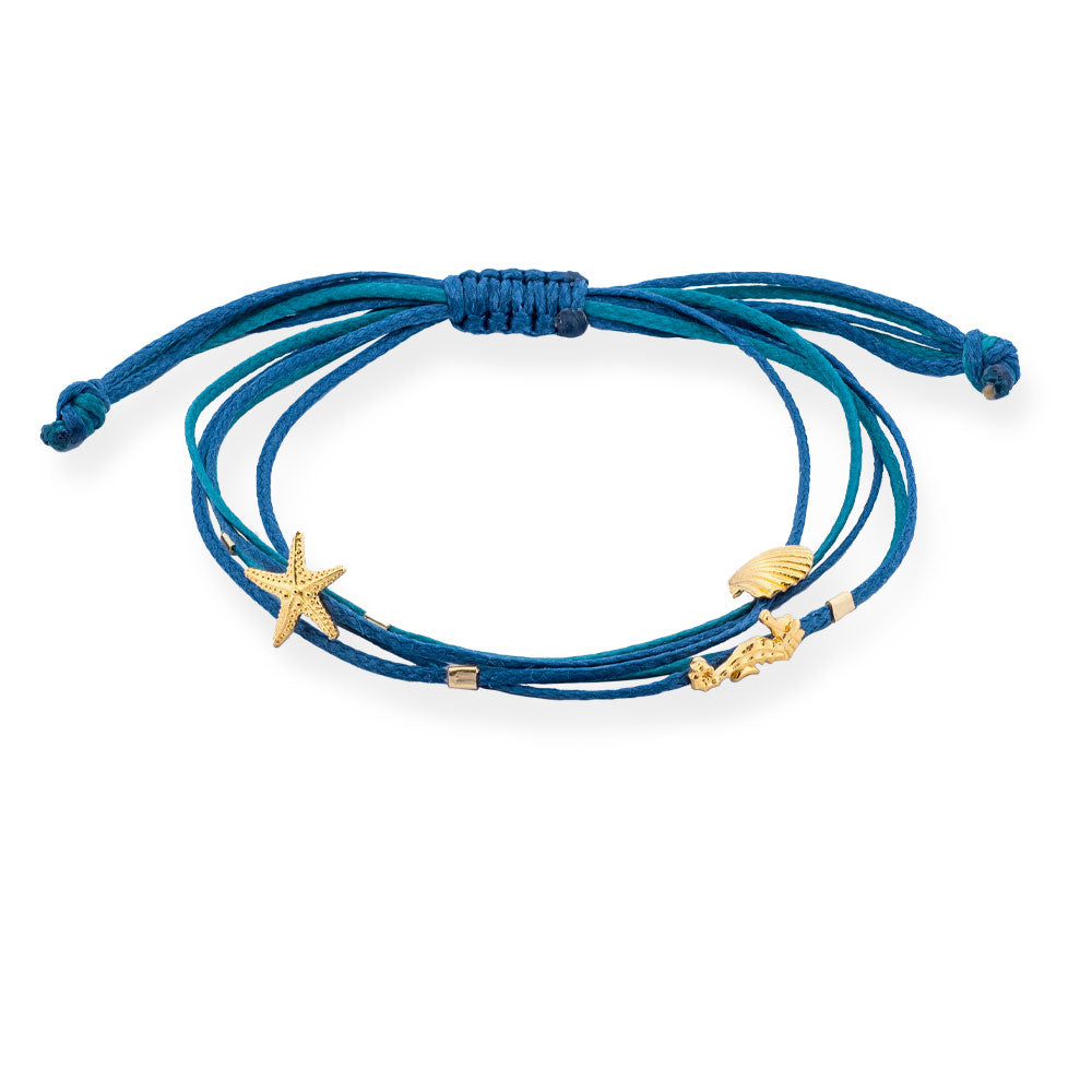 Handmade Navy Bracelet with Gold Plated Silver Shell, Star & Hippocampus - Anthos Crafts