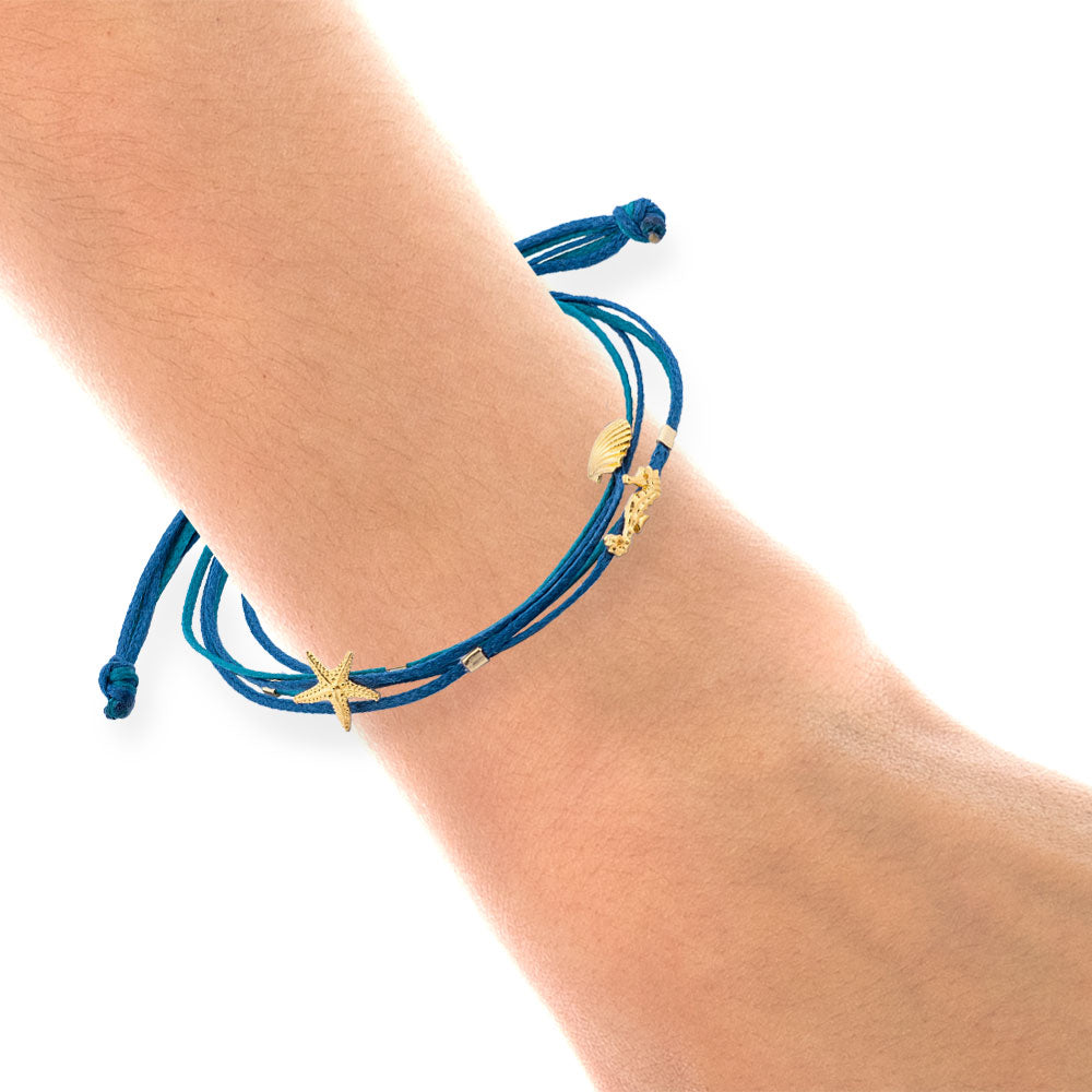 Handmade Navy Bracelet with Gold Plated Silver Shell, Star & Hippocampus - Anthos Crafts