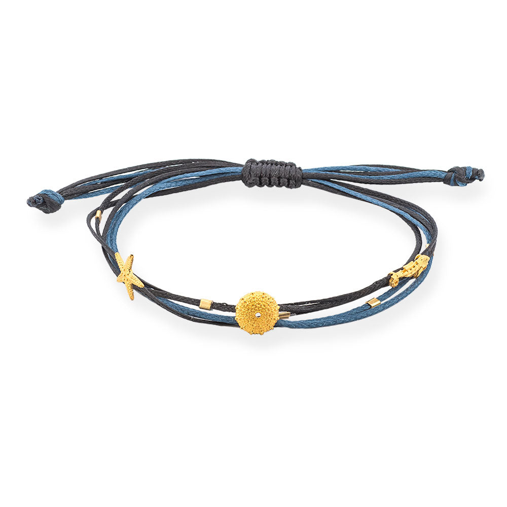 Handmade Navy Bracelet with Gold Plated Silver Urchin, Star & Hippocampus - Anthos Crafts