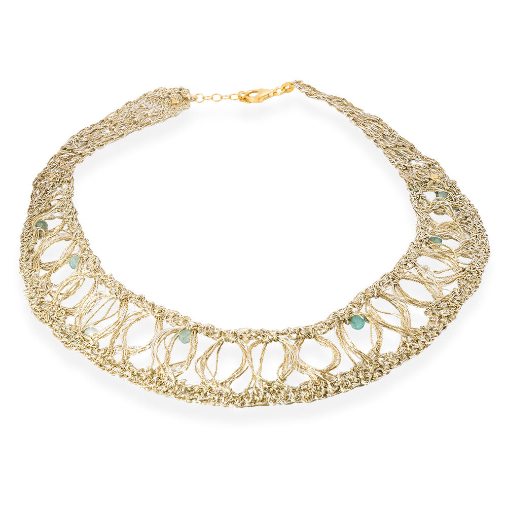 Χειροποίητο Επίχρυσο Πλεκτό Κολιέ Τσόκερ με Ακουαμαρίνες & Μαργαριτάρια