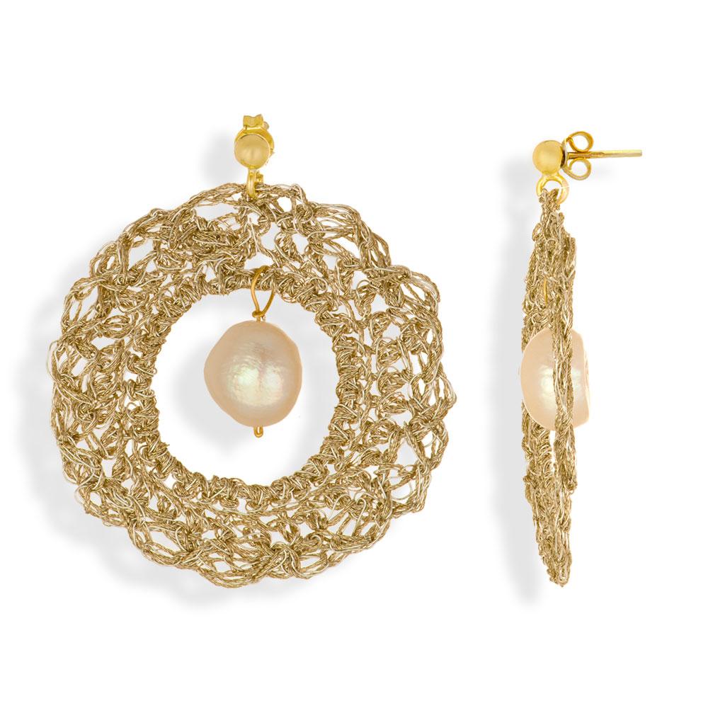 Χειροποίητα Επίχρυσα Πλεκτά Σκουλαρίκια Σπείρες με Μαργαριτάρια