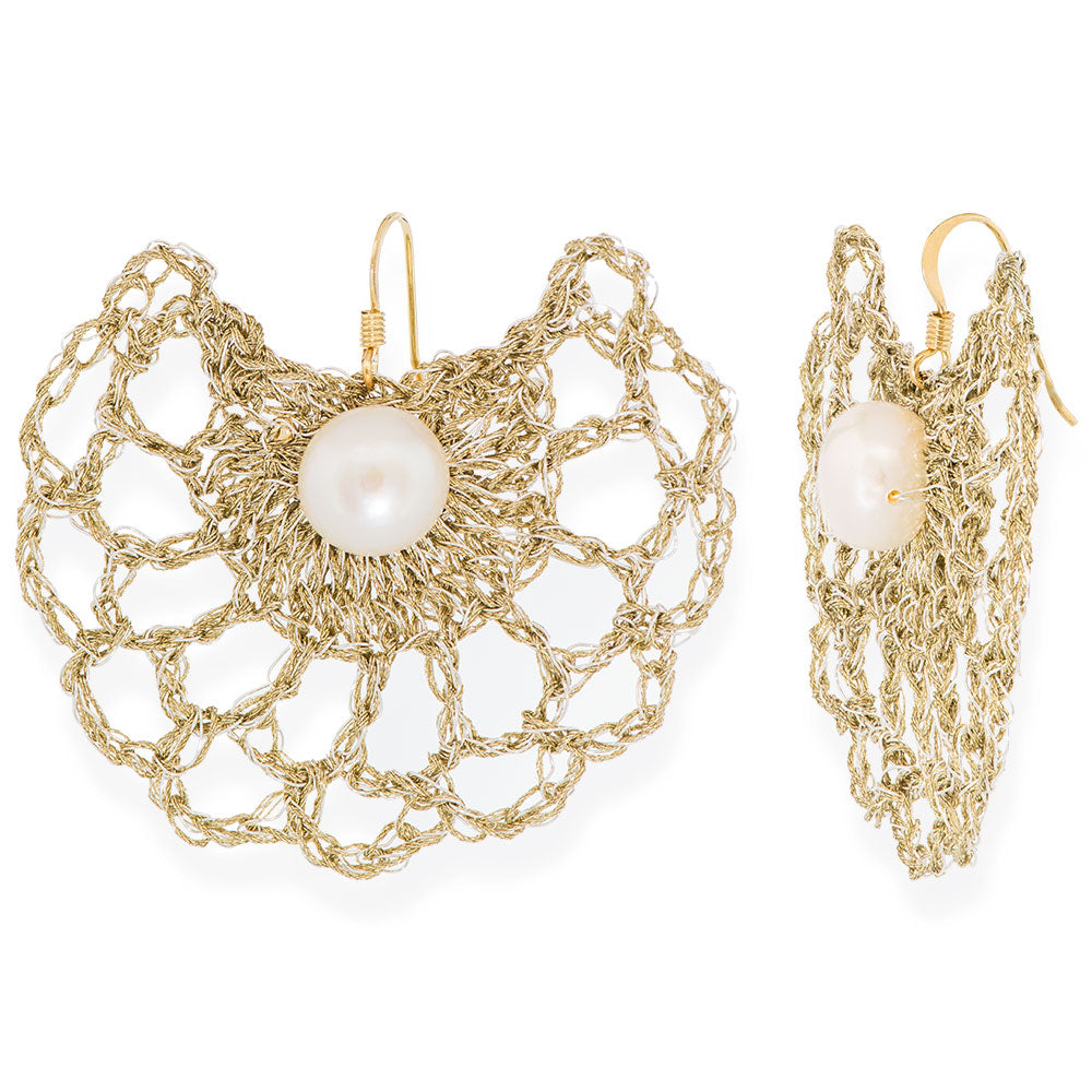 Handmade Gold Plated Crochet Earrings Fans With Pearls - Anthos Crafts