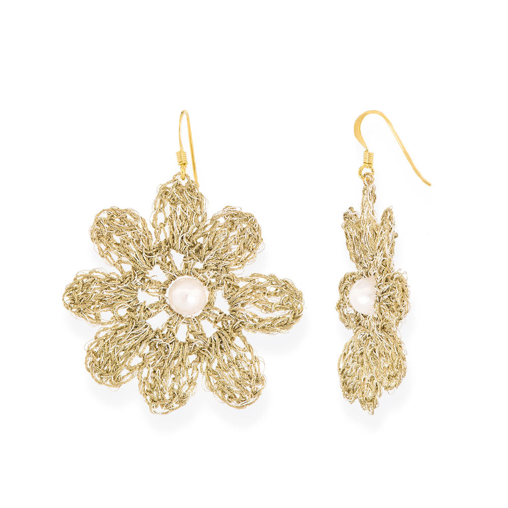 Handmade Gold Plated Crochet Earrings Daisies With Pearls - Anthos Crafts