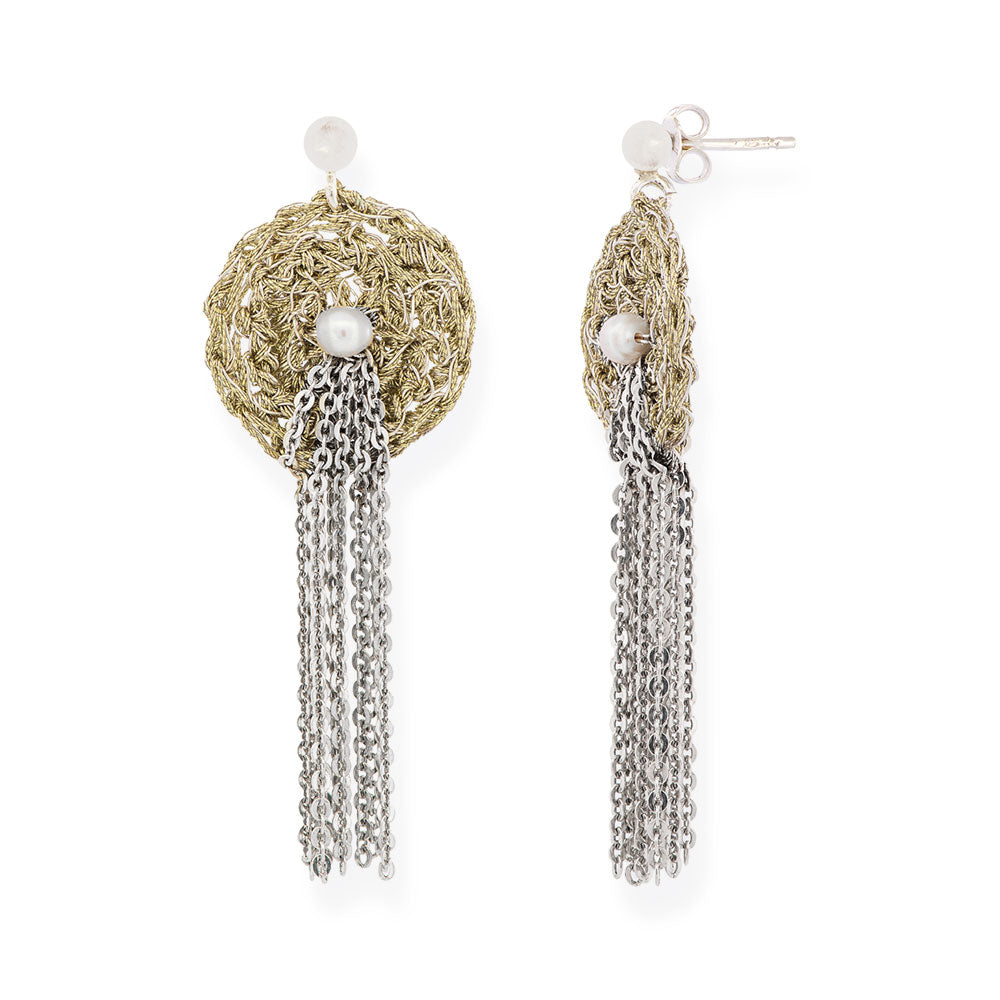 Handmade Gold Plated Crochet Earrings With Silver Fringes - Anthos Crafts