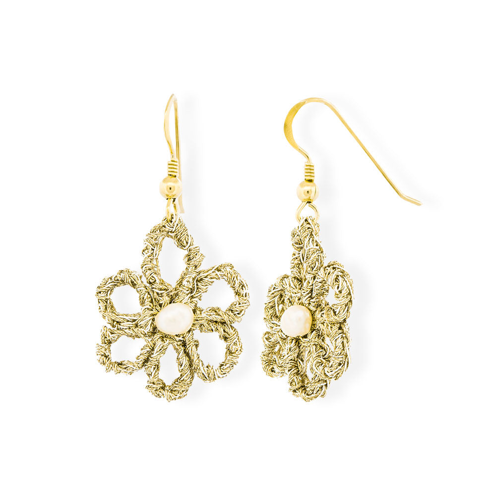 Χειροποίητα Επίχρυσα Πλεκτά Σκουλαρίκια Μικρά Λουλούδια με Μαργαριτάρια