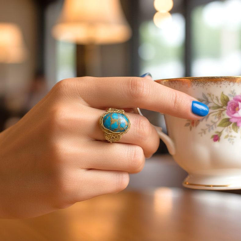 Handmade Gold Plated Crochet Ring With Turquoise Copper Gemstone - Anthos Crafts