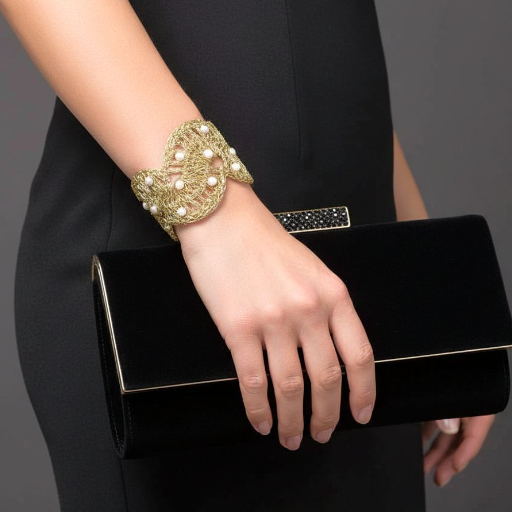 Handmade Gold Plated Crochet Bracelet Half Flower with Pearls - Anthos Crafts