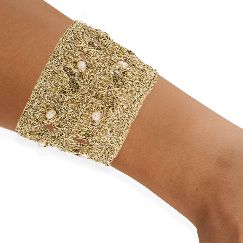 Handmade Gold Plated Crochet Bracelet with Pearls - Anthos Crafts