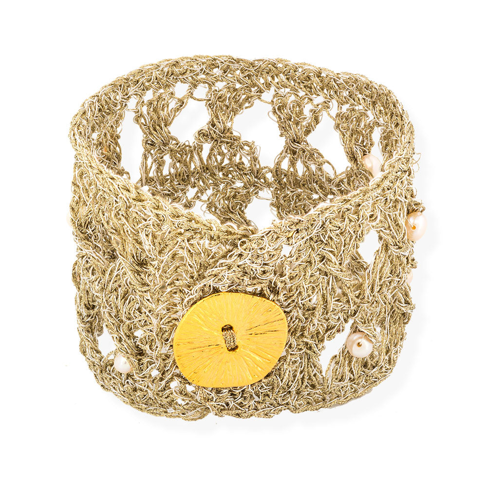 Handmade Gold Plated Crochet Bracelet with Pearls - Anthos Crafts