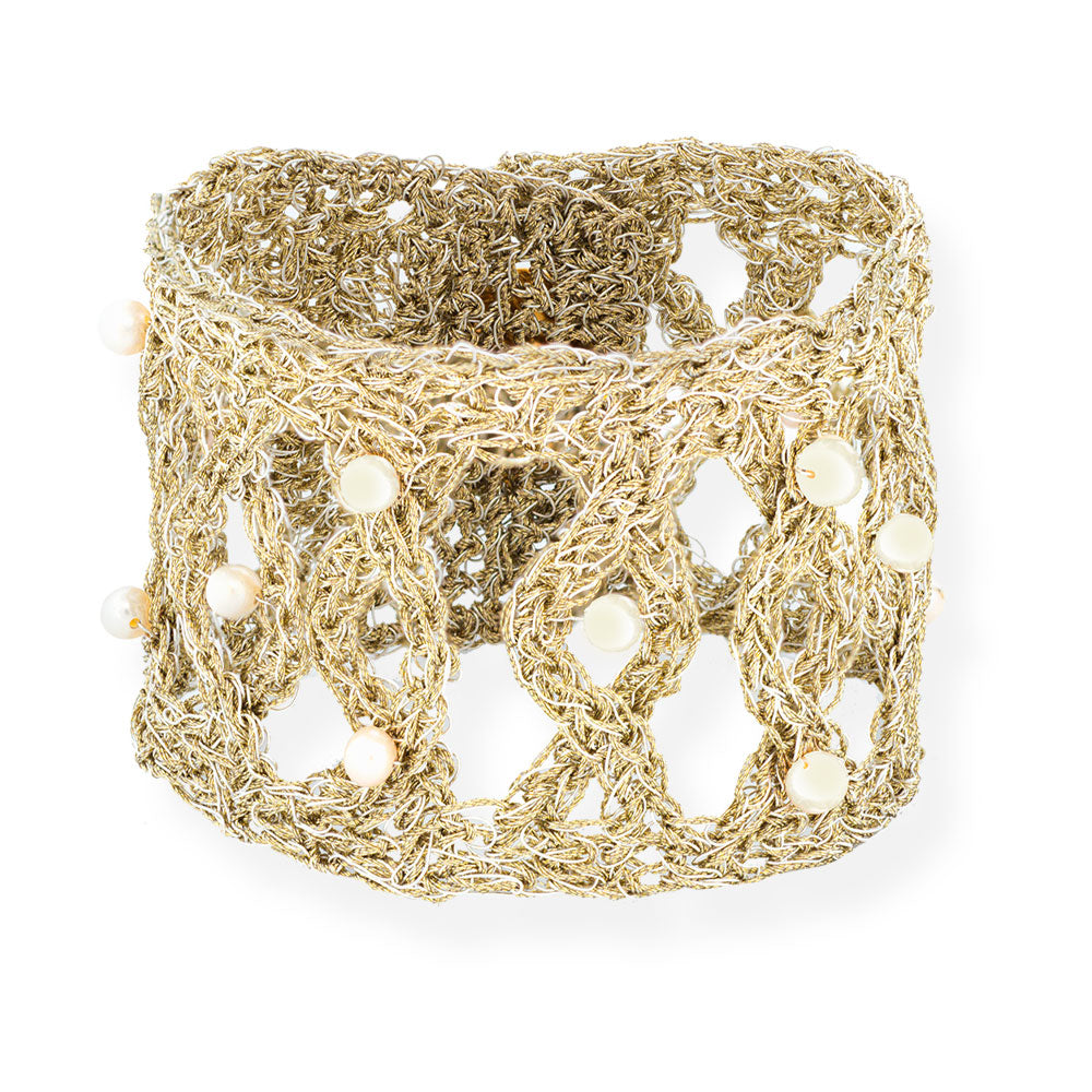 Handmade Gold Plated Crochet Bracelet with Pearls - Anthos Crafts