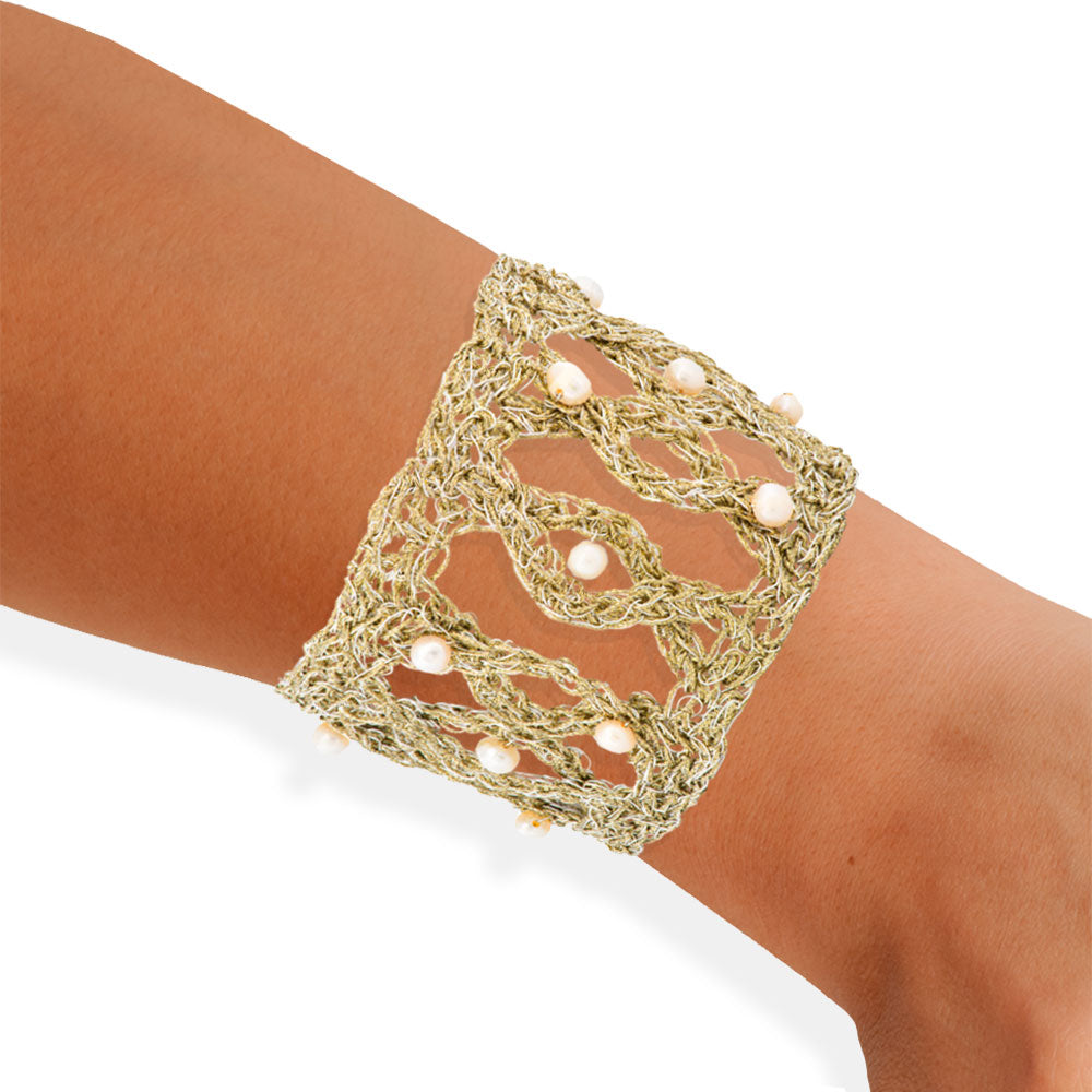 Handmade Gold Plated Crochet Bracelet with Pearls - Anthos Crafts