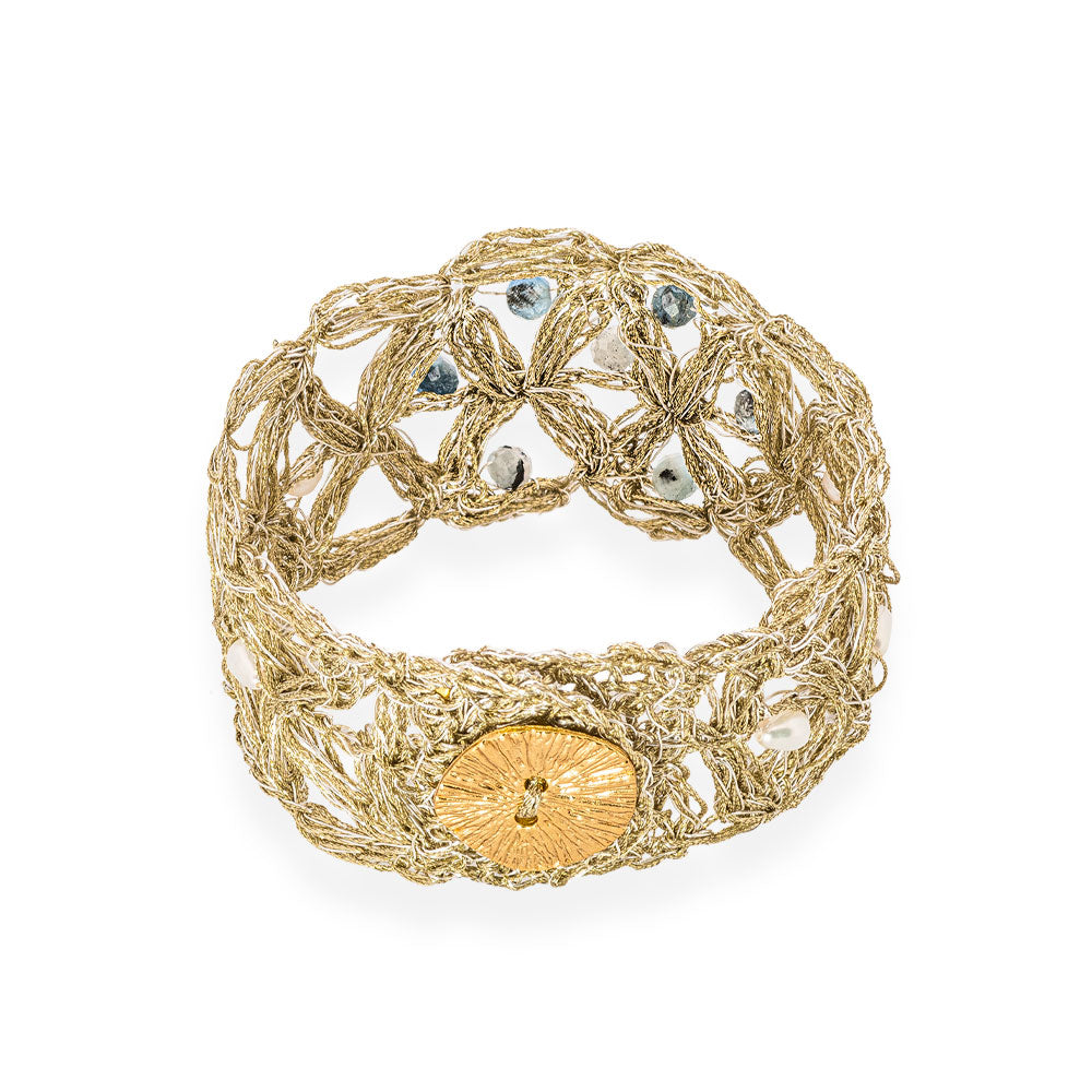 Χειροποίητο Επίχρυσο Πλεκτό Βραχιόλι με Μαργαριτάρια &amp; Ακουαμαρίνες