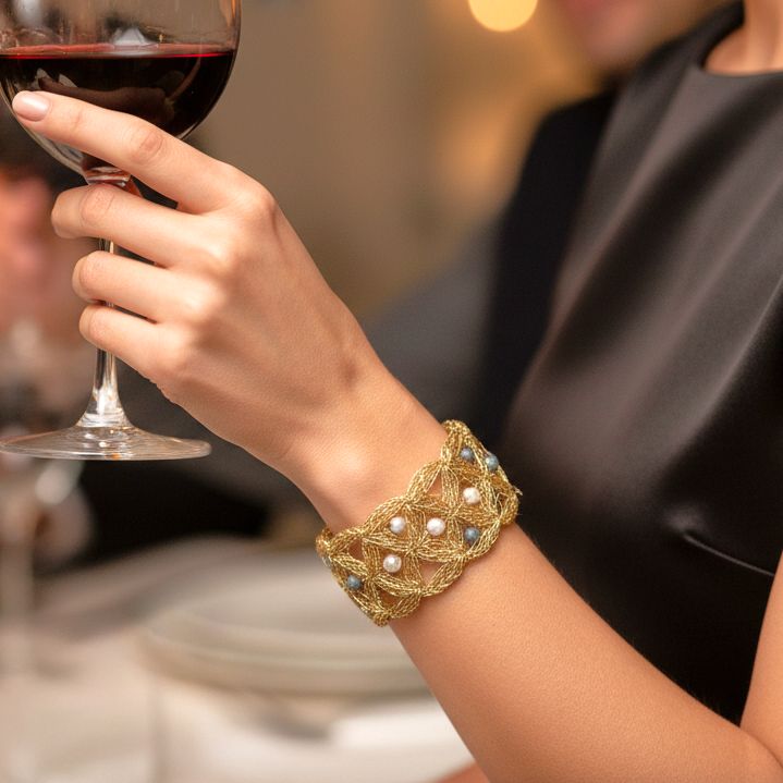 Χειροποίητο Επίχρυσο Πλεκτό Βραχιόλι με Μαργαριτάρια & Ακουαμαρίνες