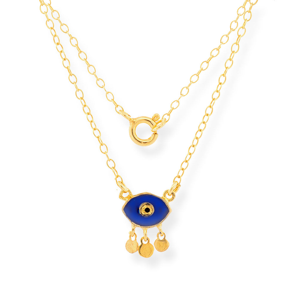 Handmade Short Gold Plated Silver Chain Necklace With Blue Enamel Evil Eye - Anthos Crafts