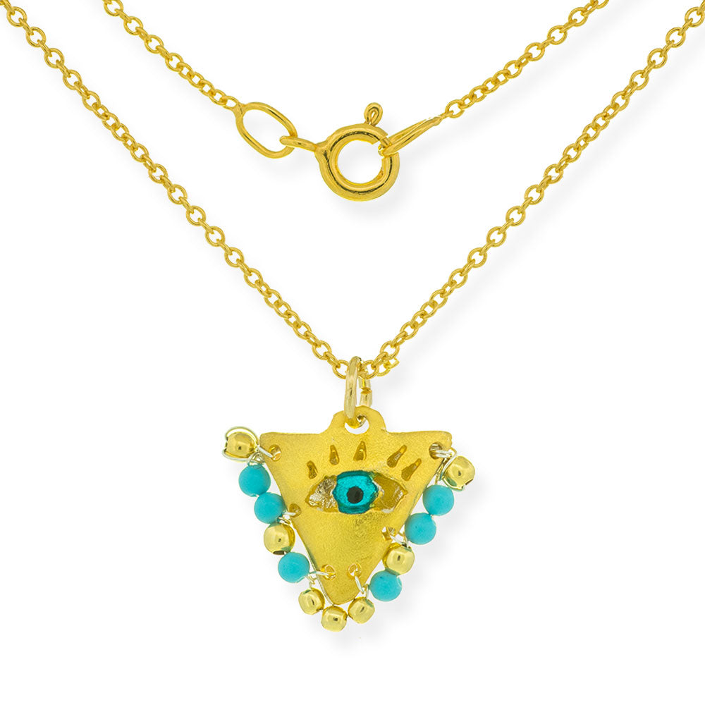 Handmade Gold Plated Silver Short Necklace Lucky Charm Evil Eye With Sky Blue Gemstones - Anthos Crafts