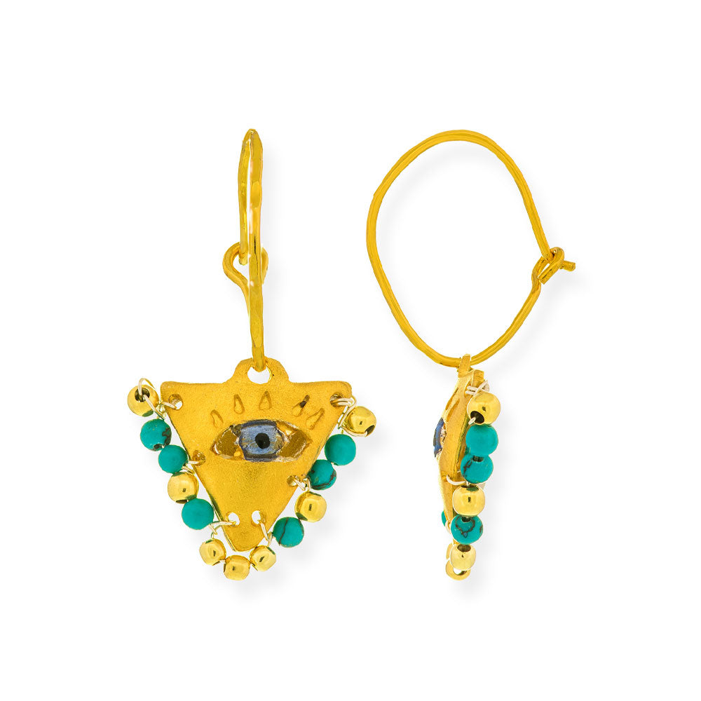 Handmade Gold Plated Silver Lucky Charm Earrings Evil Eye with Turquoise Stones - Anthos Crafts