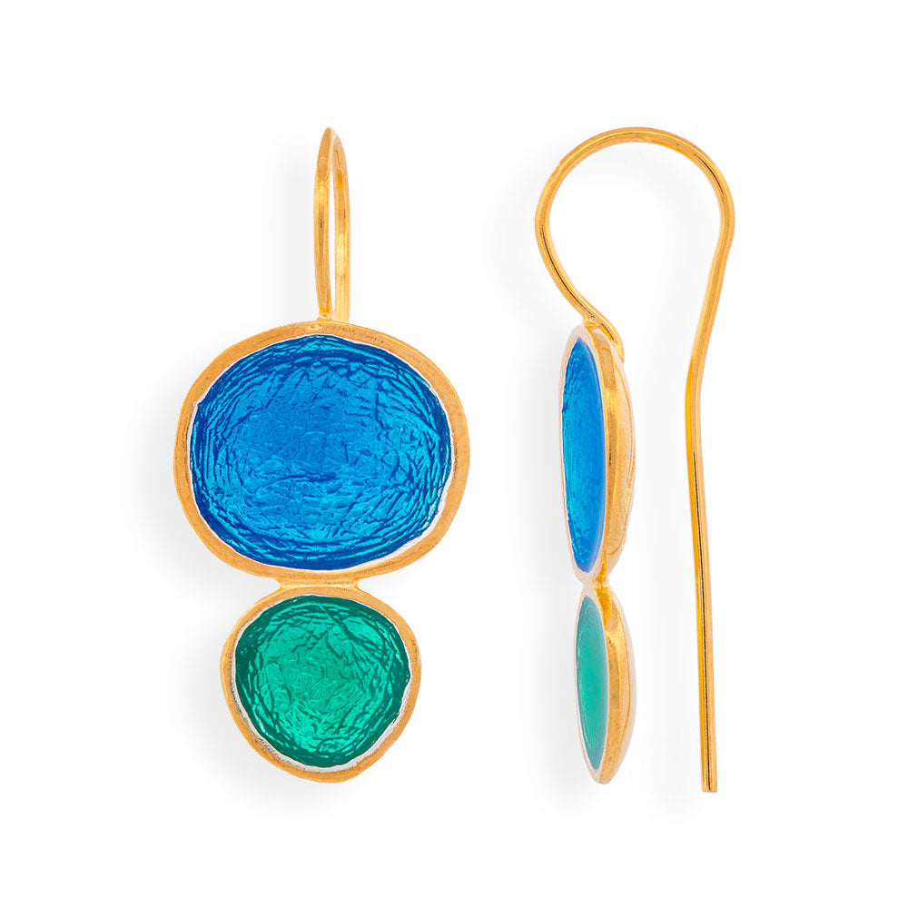 Handmade Gold Plated Silver Drop Earrings with Turquoise &amp; Green Enamel Pebbles - Anthos Crafts