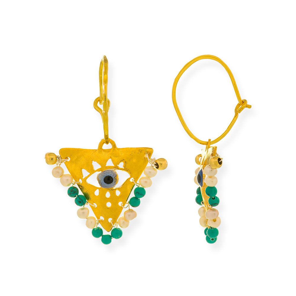 Handmade Gold Plated Silver Lucky Charm Earrings Evil Eye with Turquoise & Pearls - Anthos Crafts