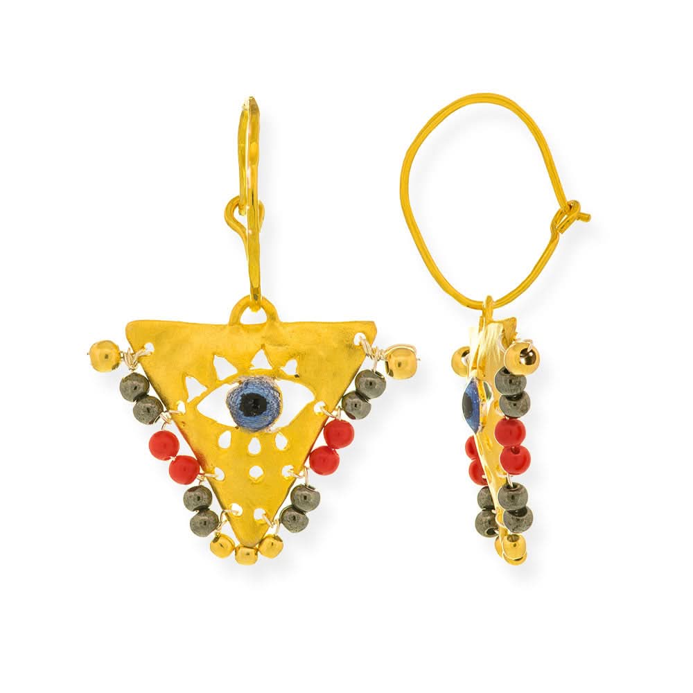 Handmade Gold Plated Silver Lucky Charm Earrings Evil Eye with Hematites &amp; Corals - Anthos Crafts