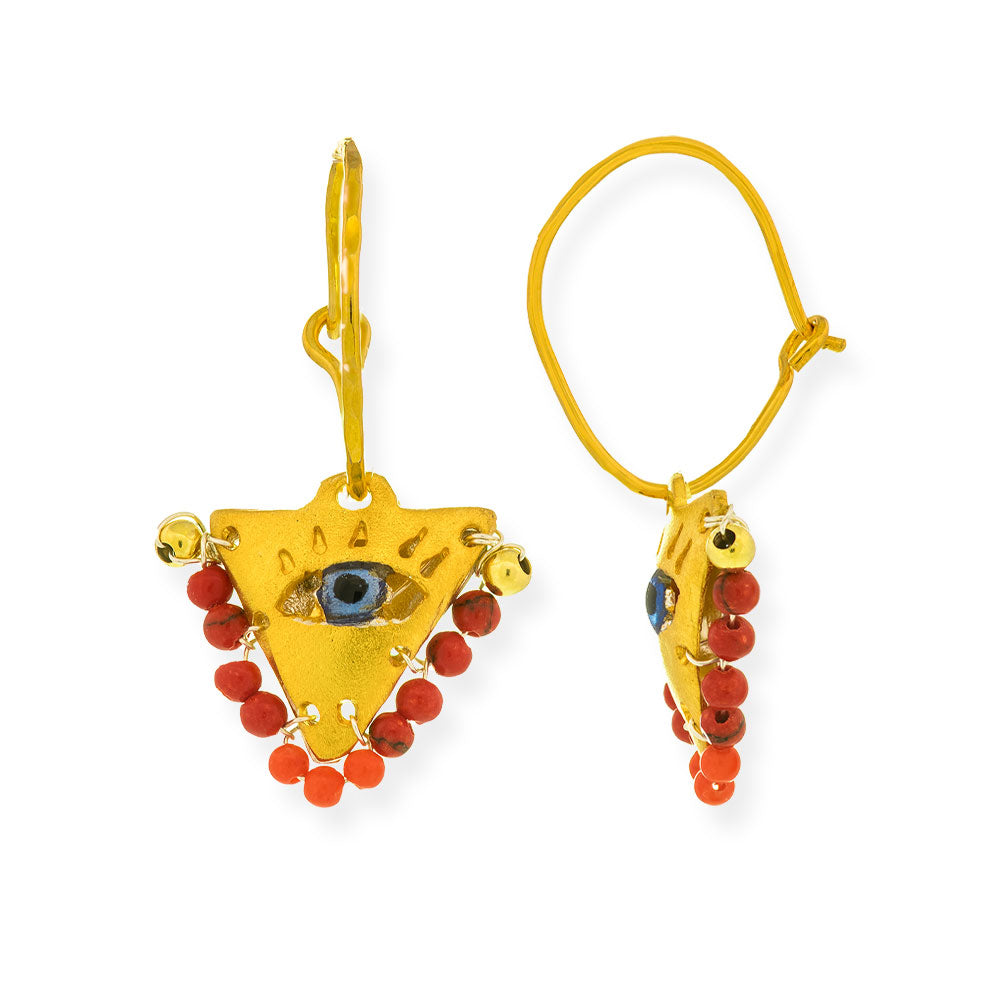 Handmade Gold Plated Silver Lucky Charm Earrings Evil Eye with Corals - Anthos Crafts