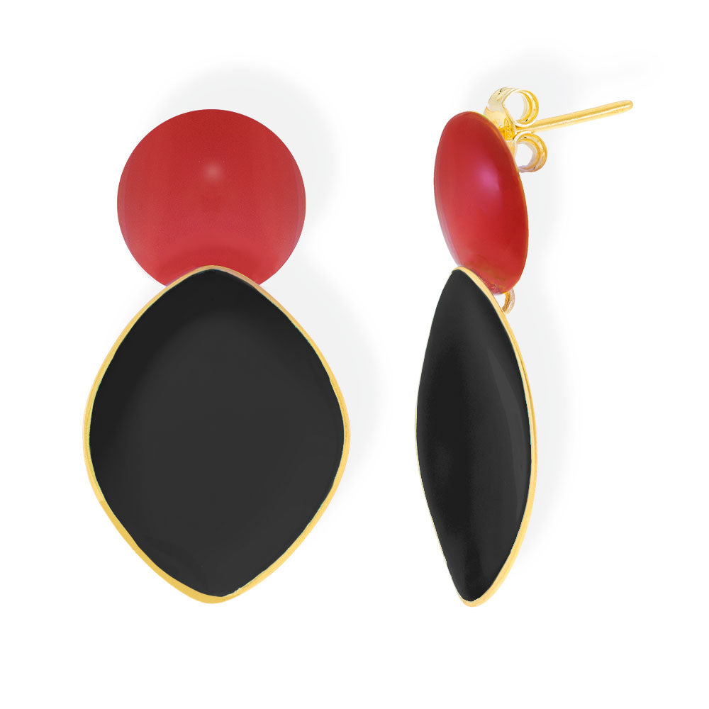 Handmade Gold Plated Silver Dangle Earrings with Red &amp; Black Enamel - Anthos Crafts