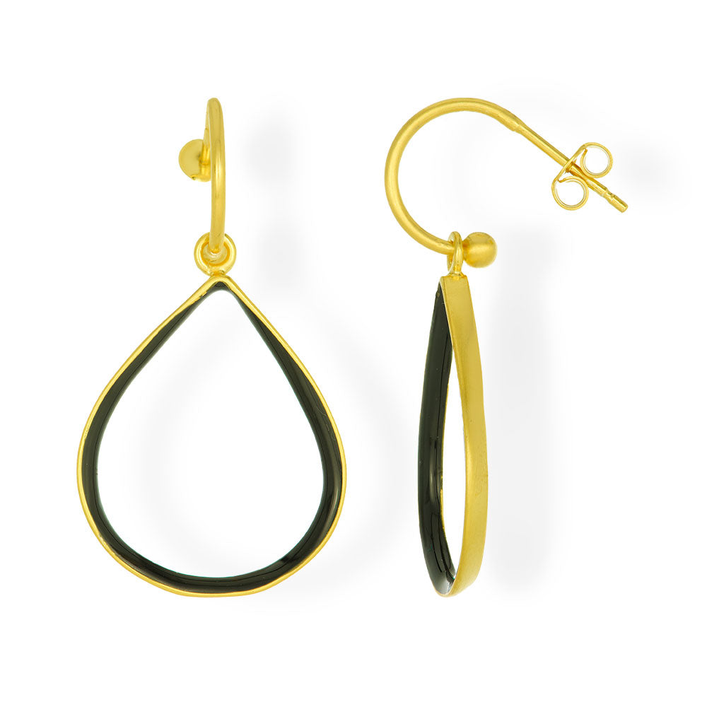 Handmade Gold Plated Silver Dangle Earrings with Enamel Black - Anthos Crafts