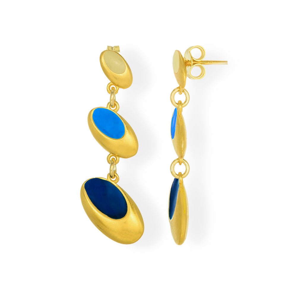 Handmade Gold Plated Silver Dangle Earrings with Electric Blue Enamel - Anthos Crafts